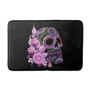 Pink Floral Black Sugar Skull Day Of The Dead Bath Mat