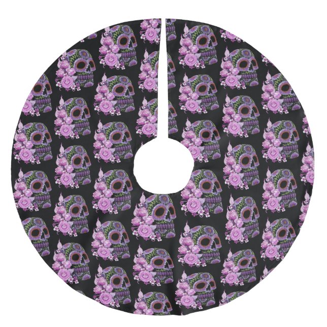 Pink Floral Black Sugar Skull Day Of The Dead Brushed Polyester Tree Skirt (Front)