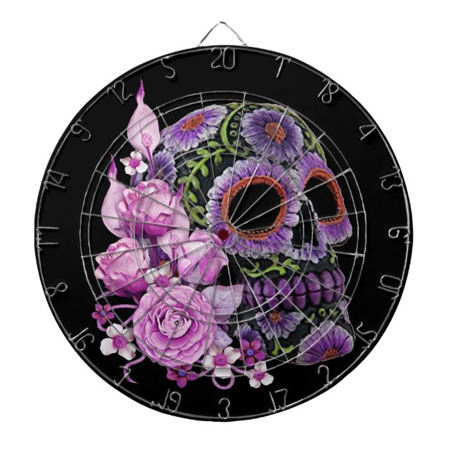 Pink Floral Black Sugar Skull Day Of The Dead Dartboard (Front)