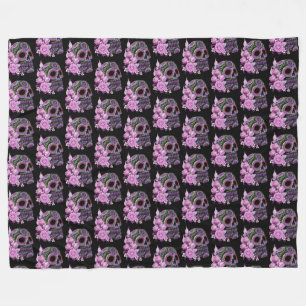 Pink Floral Black Sugar Skull Day Of The Dead Fleece Blanket