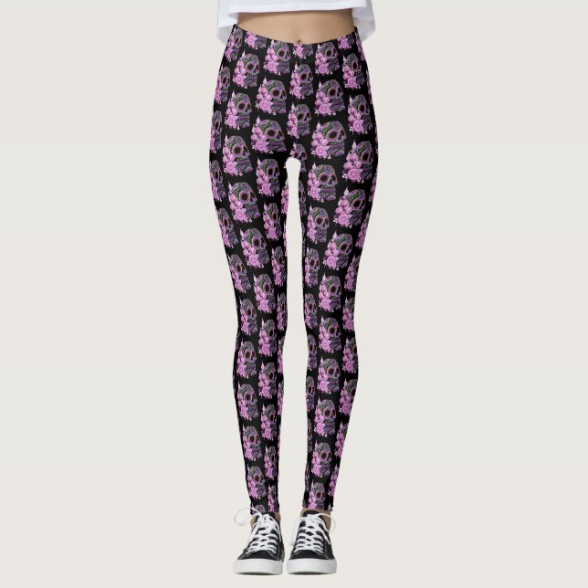 Pink Floral Black Sugar Skull Day Of The Dead Leggings (Front)