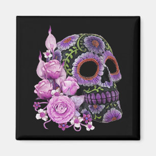 Pink Floral Black Sugar Skull Day Of The Dead Magnet