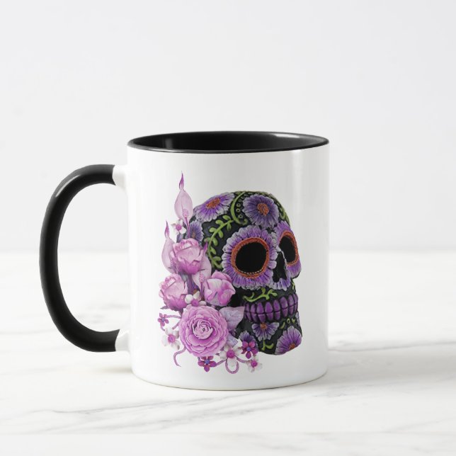 Pink Floral Black Sugar Skull Day Of The Dead Mug (Left)