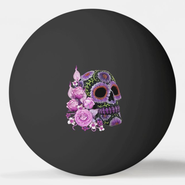 Pink Floral Black Sugar Skull Day Of The Dead Ping Pong Ball (Front)