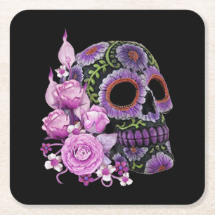 Pink Floral Black Sugar Skull Day Of The Dead Square Paper Coaster