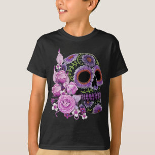 Pink Floral Black Sugar Skull Day Of The Dead T-Shirt