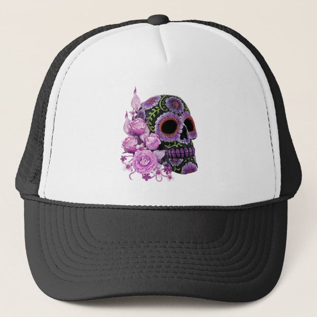 Pink Floral Black Sugar Skull Day Of The Dead Trucker Hat (Front)