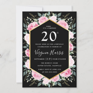 Pink Floral Black Twenty 20th Birthday Invitation