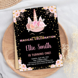 Pink Floral Black Unicorn Birthday Invitations