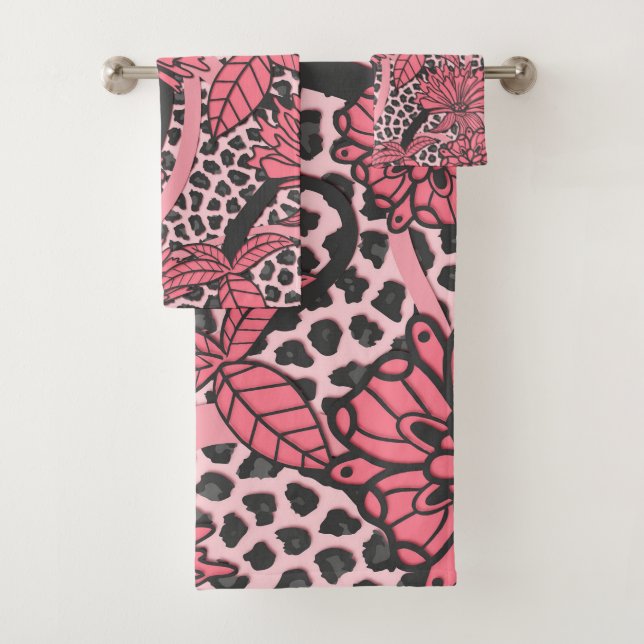 Pink Floral Black White Leopard Animal Print Bath Towel Set (Insitu)