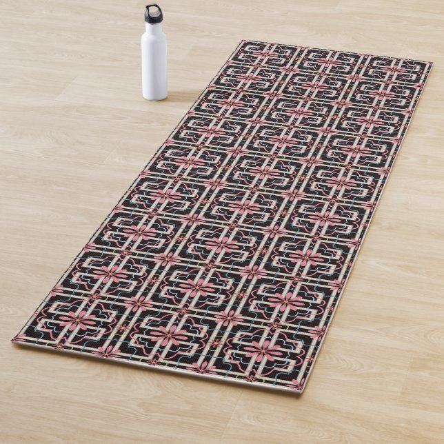 Pink Floral Block Pattern on Blue Yoga Mat (In Situ)