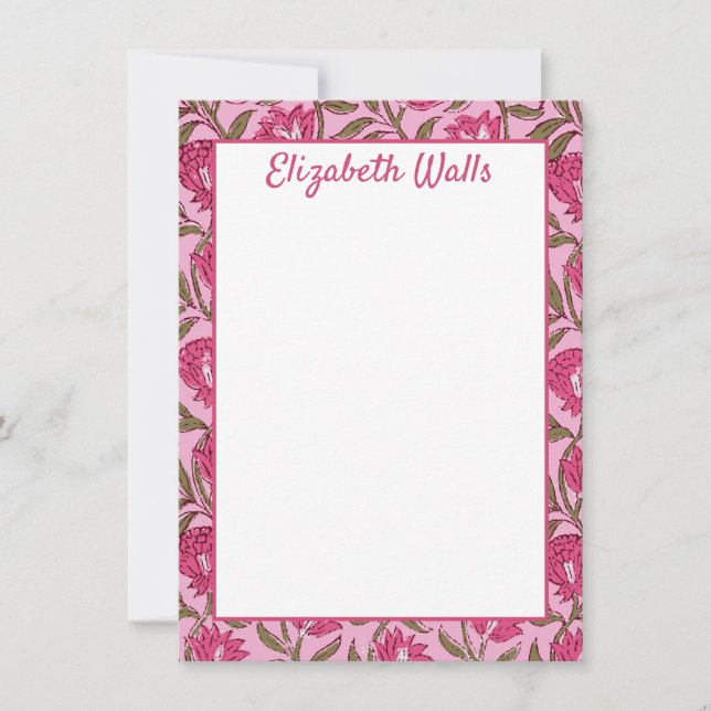 Pink Floral Block Print, Customised Stationery Thank You Card (Front)