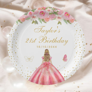 Pink Floral Blonde Hair Girl Birthday Party Paper Plate