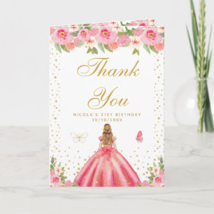 Pink Floral Blonde Hair Girl Birthday Party Thank You Card