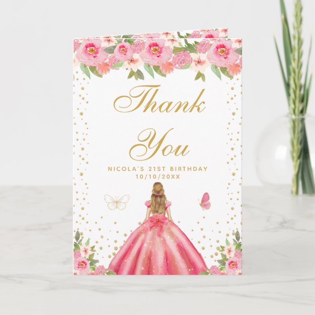 Pink Floral Blonde Hair Girl Birthday Party Thank You Card (Front)