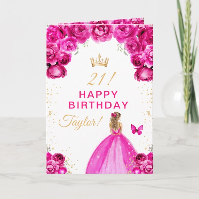 Pink Floral Blonde Hair Girl Happy Birthday Card (Front)
