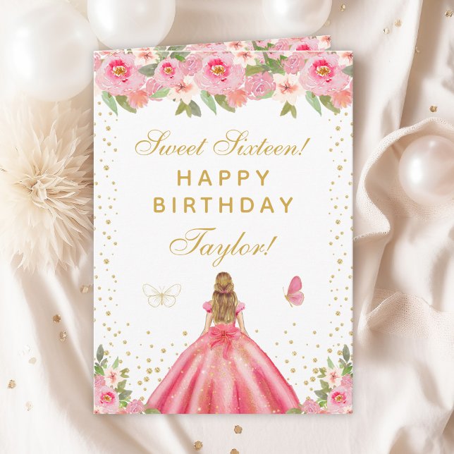 Pink Floral Blonde Hair Girl Sweet Sixteen Card (Creator Uploaded)