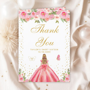 Pink Floral Blonde Hair Girl Sweet Sixteen Thank You Card