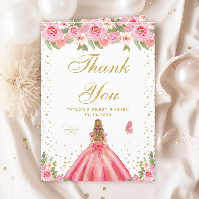 Pink Floral Blonde Hair Girl Sweet Sixteen Thank You Card (Creator Uploaded)