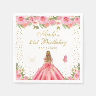 Pink Floral Blonde Hair Princess Birthday Party Napkin