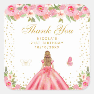 Pink Floral Blonde Hair Princess Birthday Party Square Sticker