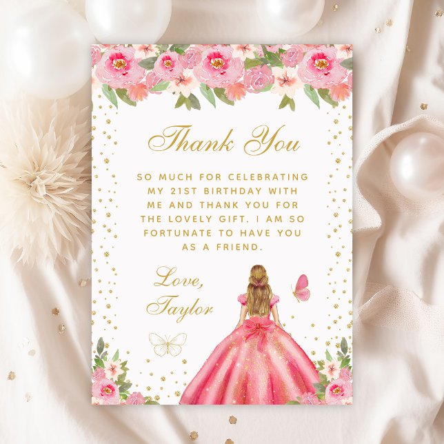 Pink Floral Blonde Hair Princess Birthday Party Thank You Card (Creator Uploaded)