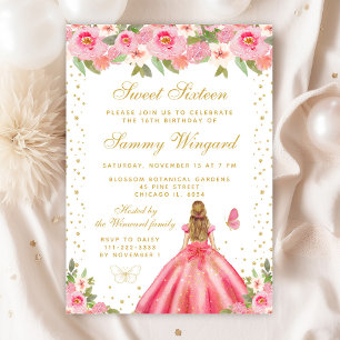Pink Floral Blonde Hair Princess Sweet Sixteen Invitation