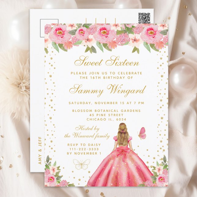 Pink Floral Blonde Hair Princess Sweet Sixteen Postcard (Creator Uploaded)