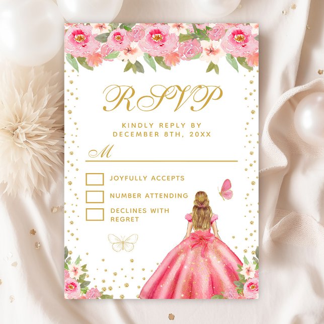 Pink Floral Blonde Hair Princess Sweet Sixteen RSVP Card (Creator Uploaded)