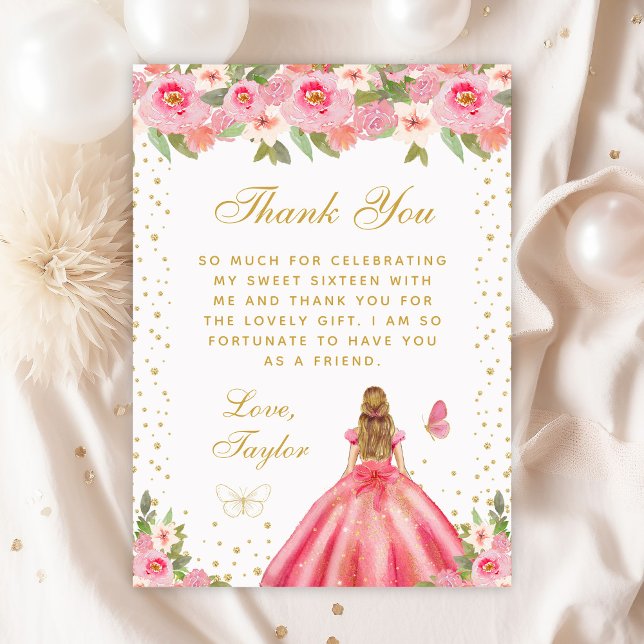 Pink Floral Blonde Hair Princess Sweet Sixteen Thank You Card (Creator Uploaded)