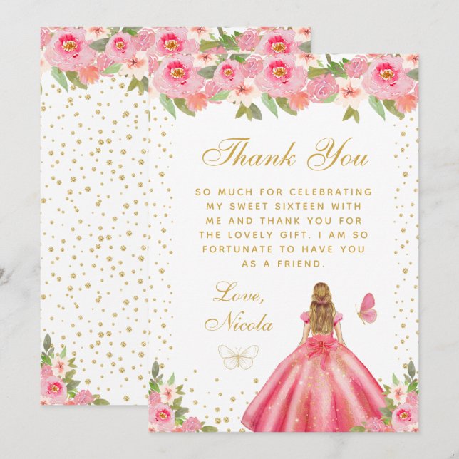 Pink Floral Blonde Hair Princess Sweet Sixteen Thank You Card (Front/Back)