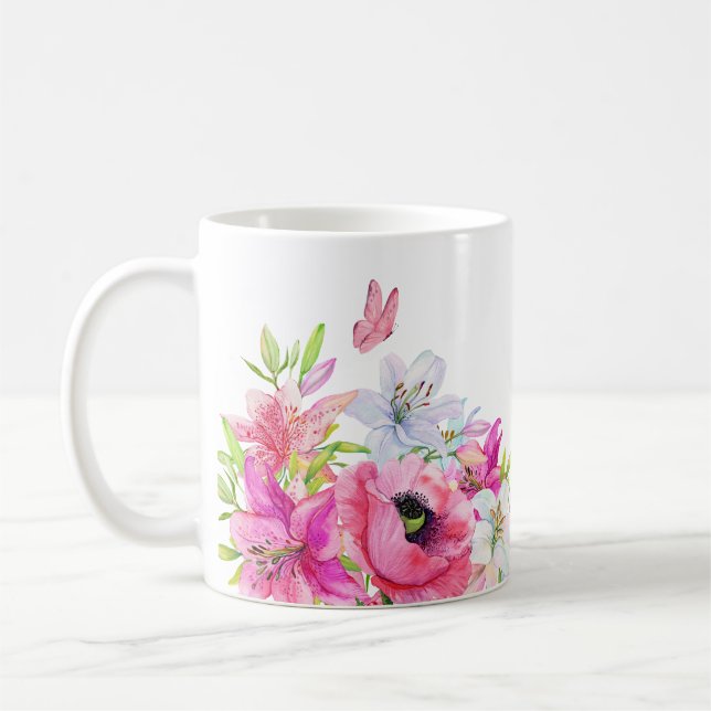 Pink floral bloom artistic  coffee mug (Left)