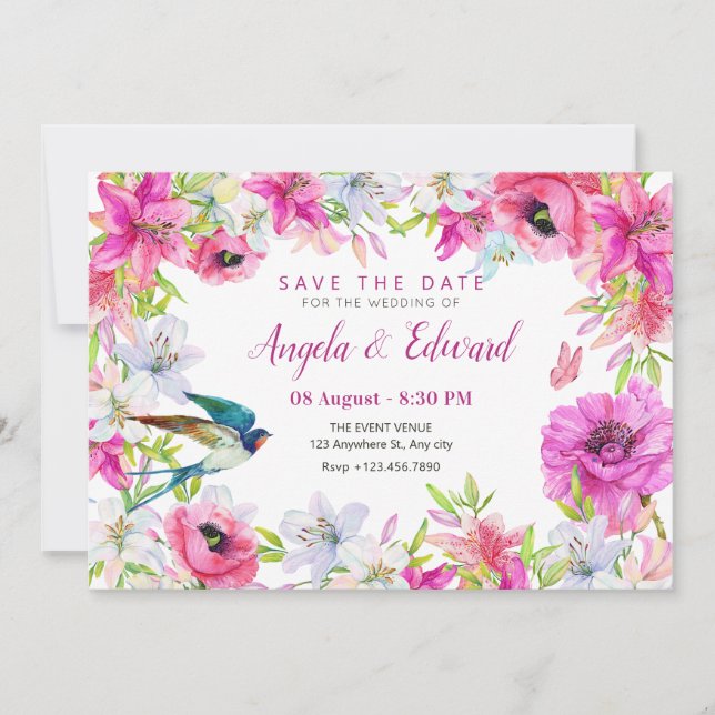Pink floral bloom artistic wedding save the date (Front)