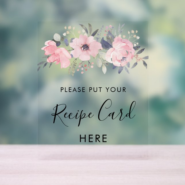Pink Floral Bloom Bridal Shower Recipe Card Acrylic Sign (Neutral)