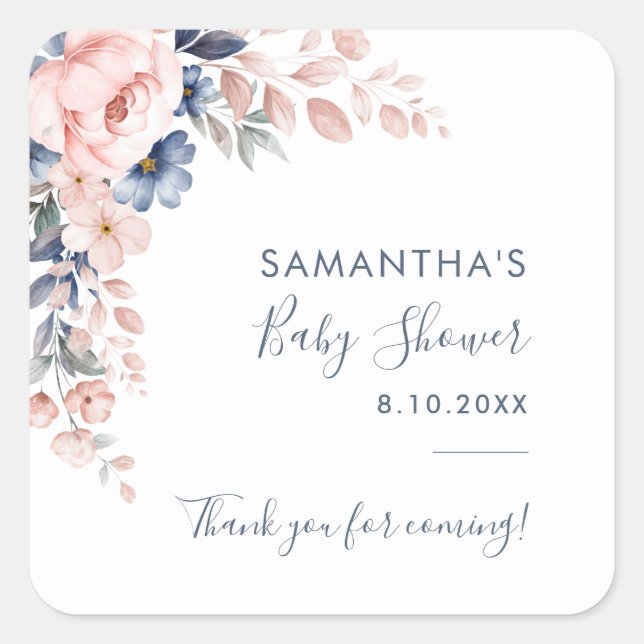 Pink Floral Bloom Modern Baby Shower Square Sticker (Front)