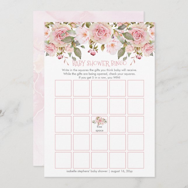 Pink Floral Blooms Baby Shower Bingo Card (Front/Back)