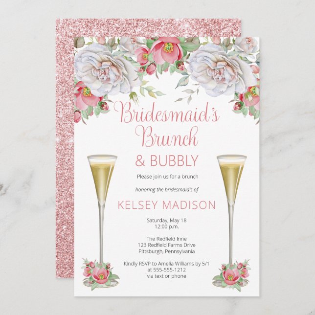 Pink Floral Blooms Bridesmaid's Brunch & Bubbly Invitation (Front/Back)