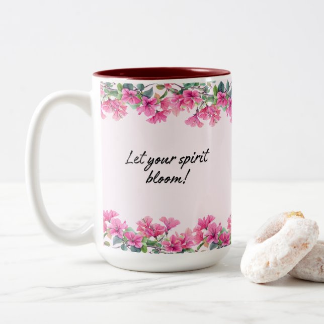 Pink Floral Blooms Two-Tone Coffee Mug (With Donut)