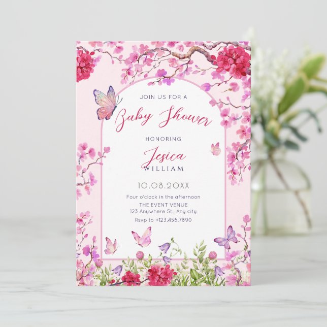 Pink floral blossom butterflies baby shower invitation (Standing Front)