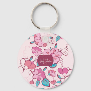 Pink Floral Blossom Script Name Paper Coaster Key Ring