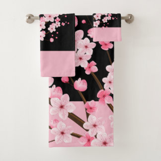 Pink Floral Blossoms Black & Pink Towel