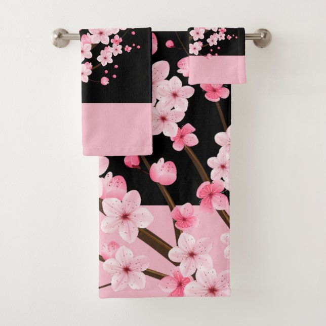 Pink Floral Blossoms Black & Pink Towel (Insitu)