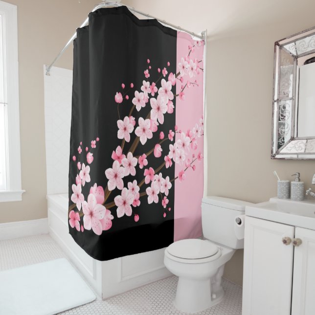 Pink Floral Blossoms Black & Pink Towel Shower Curtain (In Situ)