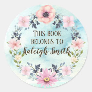 Pink Floral Blue Berry Wreath Watercolor Name Classic Round Sticker