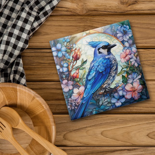 Pink Floral Blue Jay Bird Stained Glass Ceramic Tile (Creator Uploaded)