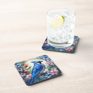Pink Floral Blue Jay Bird Stained Glass Coaster
