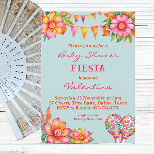 Pink Floral Blue Mexican Fiesta Baby Shower Invitation