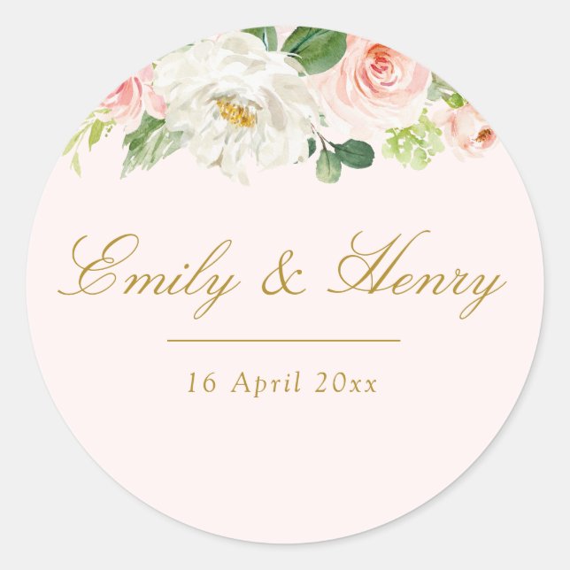 Pink floral blush wedding sticker (Front)