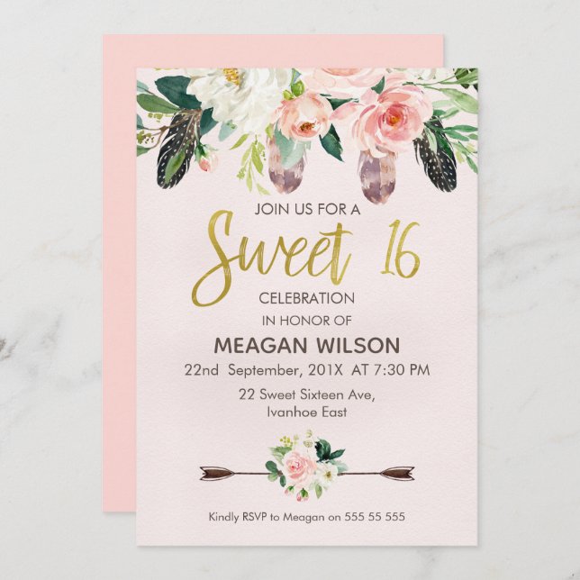 Pink Floral Boho 16th Birthday Invitation (Front/Back)