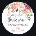 Pink floral boho chic wedding thank you classic round sticker<br><div class="desc">Add names, and date into the template. To more customisation (font colour, font style, remove or move elements, change other wording *word Thank you is not editable but colour can be changed ), click on personalise, scroll down and click on link "click to customise further". ** Please see the full...</div>